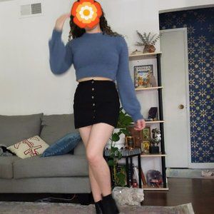 Fuzzy Soft Blue Balloon Sleeve Crop Top Sweater, Super Furry Cropped Eyelash Top